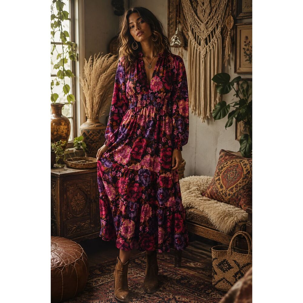 summer Floral Smocked Midi Dress | Romantic Boho | Size Medium | NWT